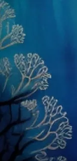 Blue abstract wallpaper with white tree branches in intricate design.