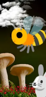 Nature wallpaper with mushrooms, a bee, rabbit, and tulip on green background.