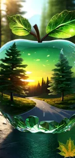 Glass apple with forest and sunset scene inside.