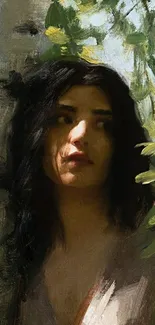 Artistic portrait of a woman in a serene forest setting.