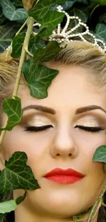 Close-up portrait surrounded by green ivy for serene mobile wallpaper.