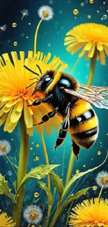 Bee on yellow flowers with teal background wallpaper.