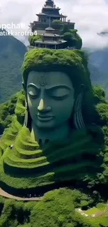 A giant Buddha statue entwined with lush greenery, embodying peace and nature.