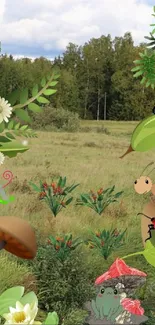 Cartoon forest scene with animated animals and lush greenery.