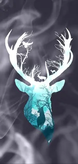 Majestic deer silhouette with blue forest background as wallpaper.