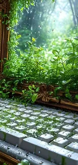 Nature-themed keyboard with green foliage in sunlight.
