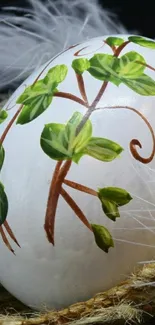 Nature-inspired painted egg with green leaves and white background.