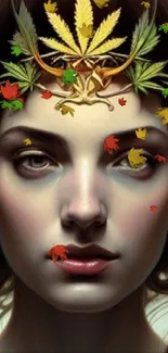 Mystical woman with leafy headgear in fantasy art style.