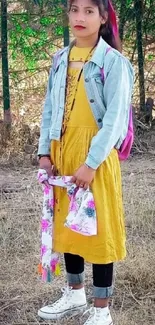 Girl in yellow dress with forest background.