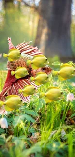 Colorful fish in vibrant forest with flowers.