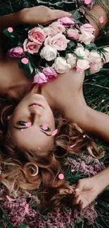 Woman with roses lying on green grass, nature inspired mobile wallpaper.