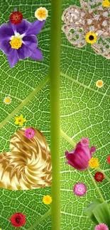 Green leaf background with colorful flowers and a golden heart design.