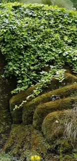 Nature-inspired sculpture covered in greenery in a forest setting.