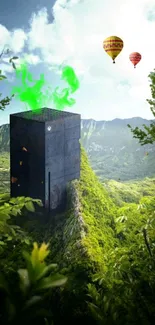 Vibrant green nature-themed gaming wallpaper with modern console design.