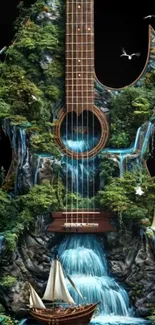 Nature-themed guitar with waterfalls and birds.