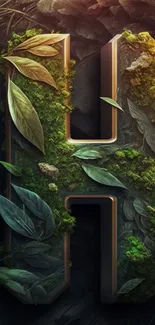 Letter H with lush green leaves and moss, creating a nature-inspired aesthetic.