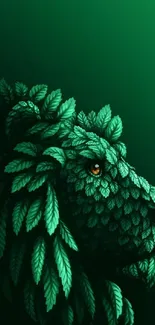 Lion made of green leaves on a dark background.