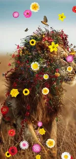 Lion adorned with colorful flowers in a serene natural field.