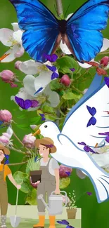 Nature wallpaper with butterflies and dove in vibrant garden setting.