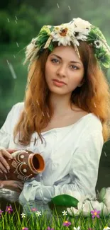 Woman with floral crown beside tranquil water scene.