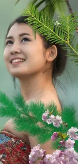 Serene portrait of woman surrounded by green foliage and flowers.