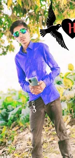 Young man in blue shirt amidst nature with heart and bird design.