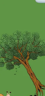 A whimsical cartoon tree on green background with a sun and cloud icon.