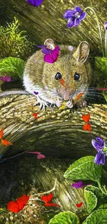 Cute mouse on log with purple flowers and green leaves.