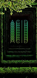 Nature-inspired mobile wallpaper with neon graphics on green background.