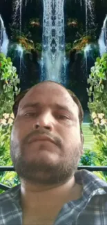 Man amid lush greenery and a waterfall background.