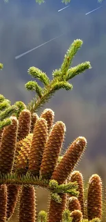 Close-up of pine cones on branches with a blurred forest background.