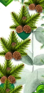 Mobile wallpaper with green pine leaves and brown pinecones.