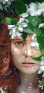 Redhead amidst green leaves and white flowers mobile wallpaper.