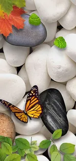 White stones with a monarch butterfly and leaves.