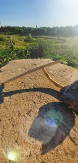 Stone axe on sunlit rock with green scenery.