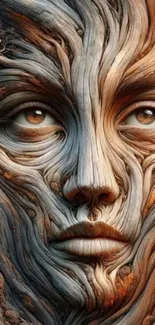 Artistic tree face mobile wallpaper with wooden textures and earthy colors.