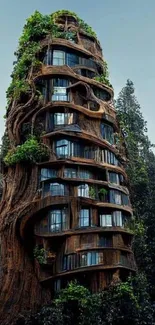 Tree-like skyscraper with foliage in a forest setting, creating a unique nature display.