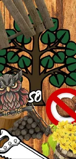 Nature-themed mobile wallpaper with wooden background, cartoon owl, and vibrant illustrations.