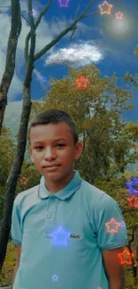 Boy standing in forest with blue sky.