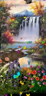 Serene nature wallpaper with waterfall, flowers, and mountains.