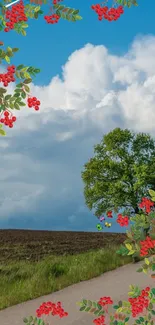 Vibrant landscape wallpaper with tree, clouds, and decorative berries.