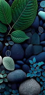 Abstract nature wallpaper with leaves and stones in green and blue hues.