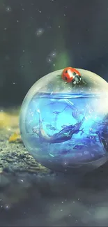 Light bulb on forest ground with an aquatic scene inside.