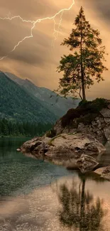 Stunning landscape with lightning, tree, and tranquil lake.