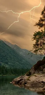 Lightning over mountains and lake with tree silhouette.