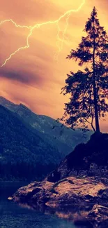 Lightning strikes over mountains at dusk, with a tree silhouette by a lake.