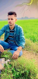 Portrait of a man sitting in a green field with lightning in the sky.