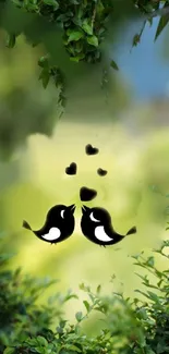 Love birds illustration with green leaves background.