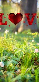 Heart-shaped 'LOVE' text with nature backdrop on phone.