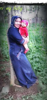 Mother and child in a peaceful forest setting, surrounded by lush greenery.